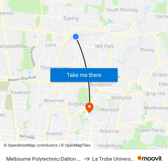 Melbourne Polytechnic/Dalton Rd to La Trobe University map
