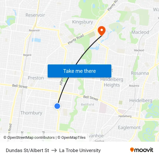 Dundas St/Albert St to La Trobe University map