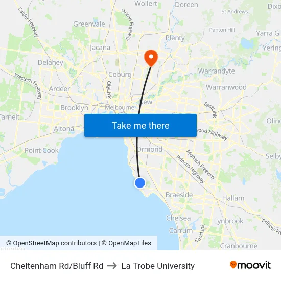 Cheltenham Rd/Bluff Rd to La Trobe University map