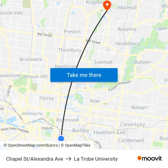 Chapel St/Alexandra Ave to La Trobe University map