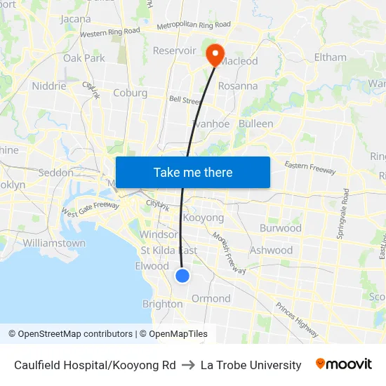 Caulfield Hospital/Kooyong Rd to La Trobe University map