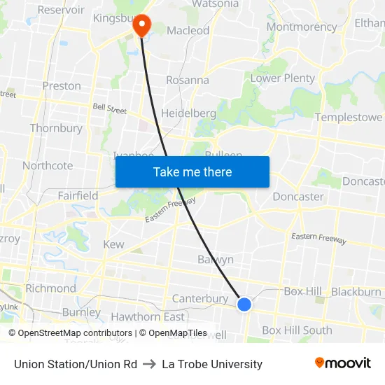 Union Station/Union Rd to La Trobe University map