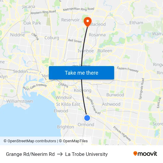 Grange Rd/Neerim Rd to La Trobe University map