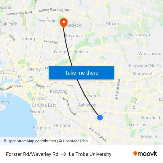Forster Rd/Waverley Rd to La Trobe University map