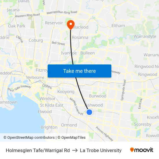 Holmesglen Tafe/Warrigal Rd to La Trobe University map