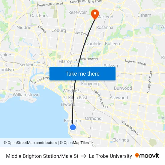 Middle Brighton Station/Male St to La Trobe University map