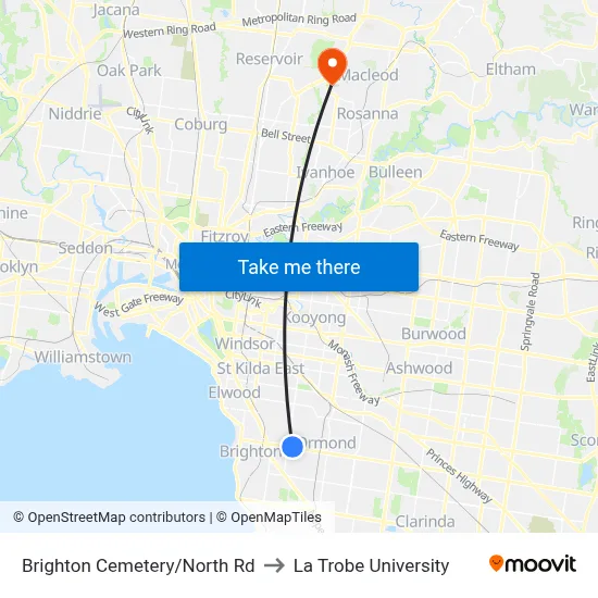 Brighton Cemetery/North Rd to La Trobe University map