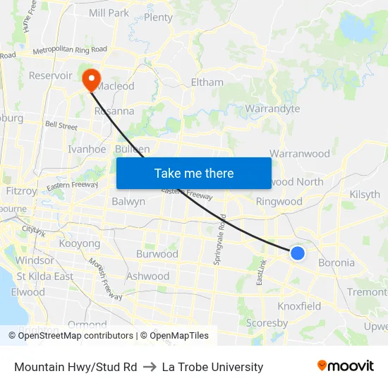 Mountain Hwy/Stud Rd to La Trobe University map