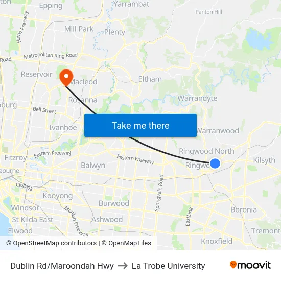 Dublin Rd/Maroondah Hwy to La Trobe University map