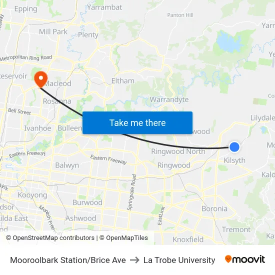 Mooroolbark Station/Brice Ave to La Trobe University map