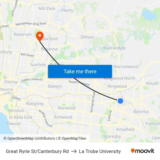 Great Ryrie St/Canterbury Rd to La Trobe University map
