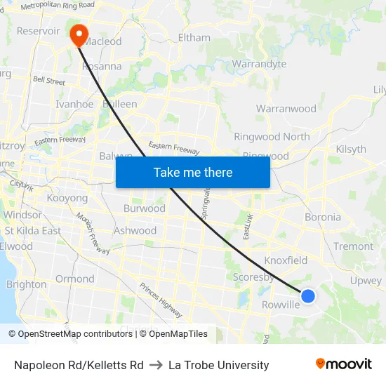 Napoleon Rd/Kelletts Rd to La Trobe University map