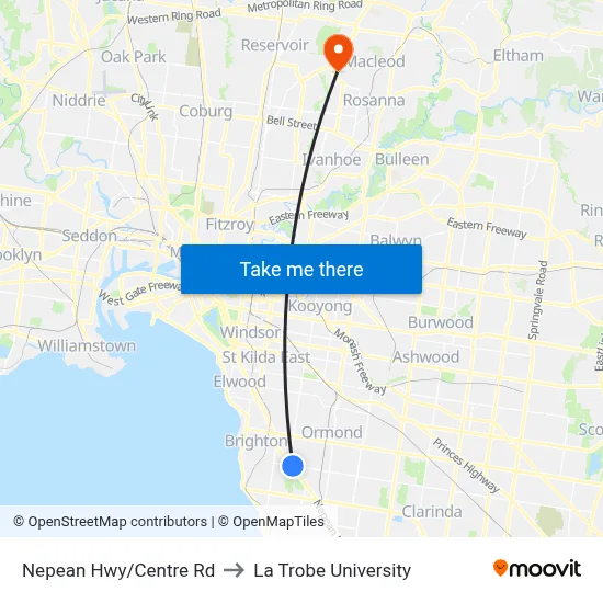 Nepean Hwy/Centre Rd to La Trobe University map