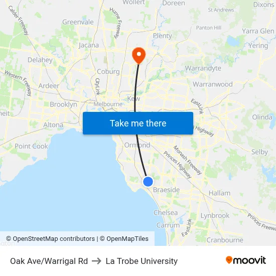 Oak Ave/Warrigal Rd to La Trobe University map