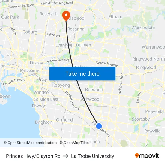 Princes Hwy/Clayton Rd to La Trobe University map