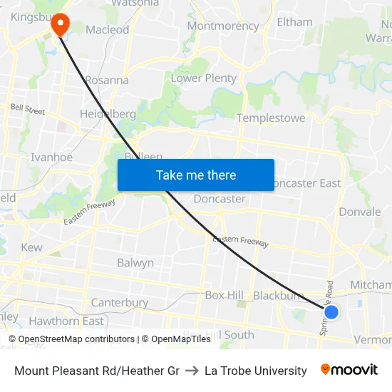 Mount Pleasant Rd/Heather Gr to La Trobe University map