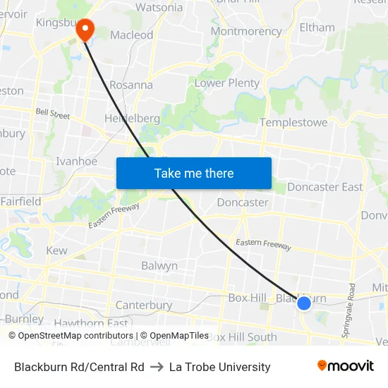 Blackburn Rd/Central Rd to La Trobe University map
