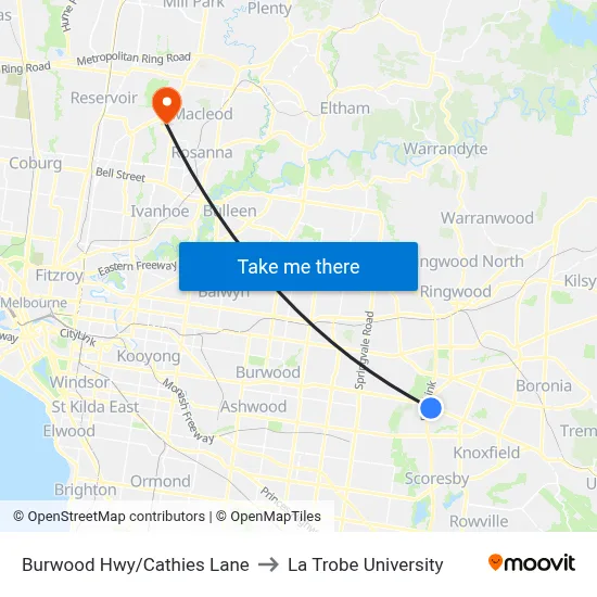 Burwood Hwy/Cathies Lane to La Trobe University map