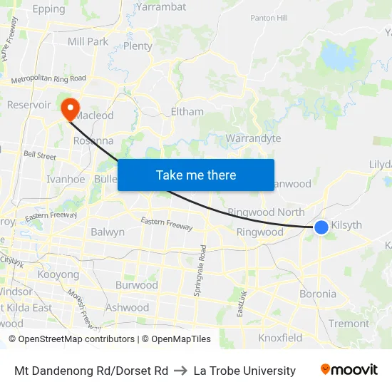 Mt Dandenong Rd/Dorset Rd to La Trobe University map