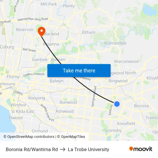 Boronia Rd/Wantirna Rd to La Trobe University map
