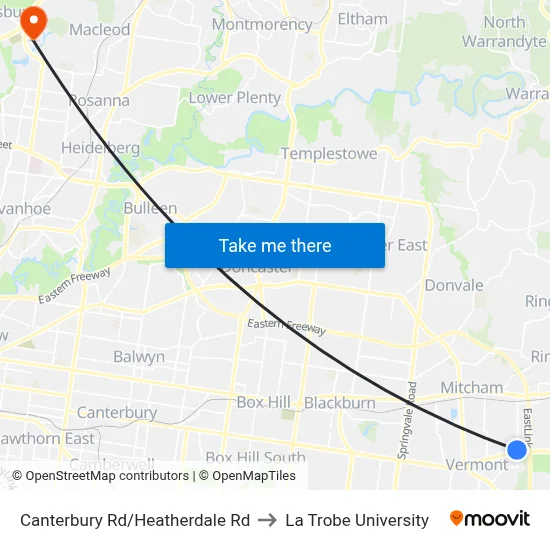 Canterbury Rd/Heatherdale Rd to La Trobe University map