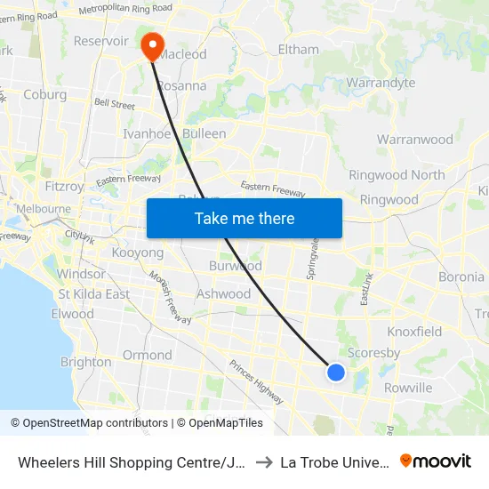 Wheelers Hill Shopping Centre/Jells Rd to La Trobe University map
