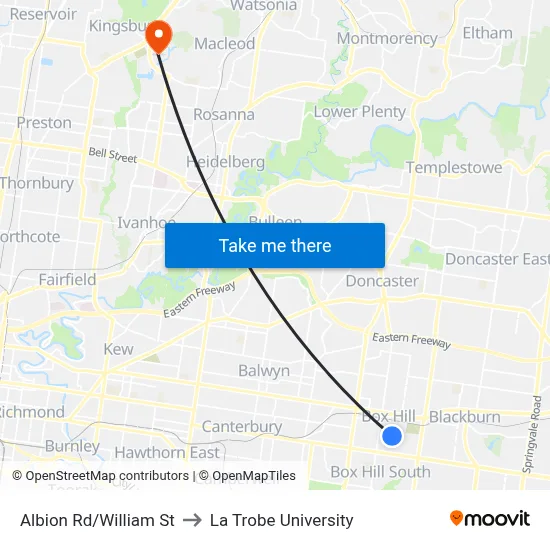 Albion Rd/William St to La Trobe University map
