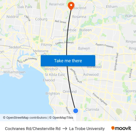 Cochranes Rd/Chesterville Rd to La Trobe University map