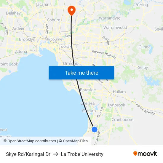 Skye Rd/Karingal Dr to La Trobe University map