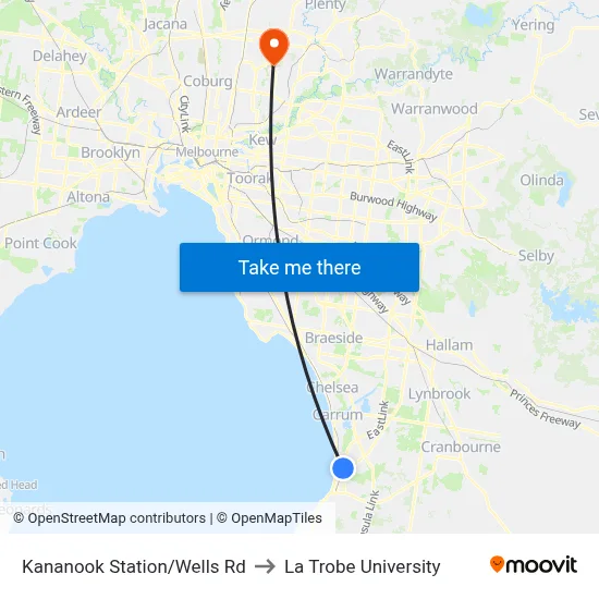 Kananook Station/Wells Rd to La Trobe University map