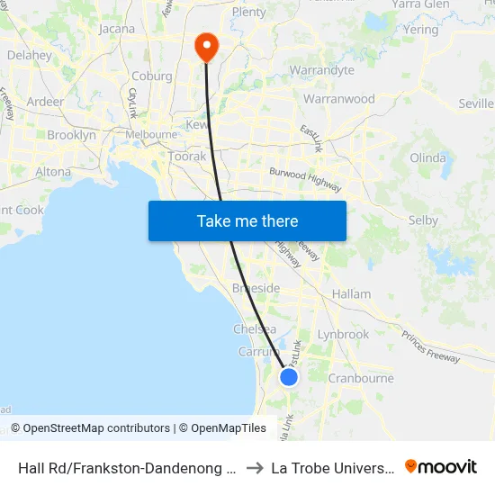 Hall Rd/Frankston-Dandenong Rd to La Trobe University map