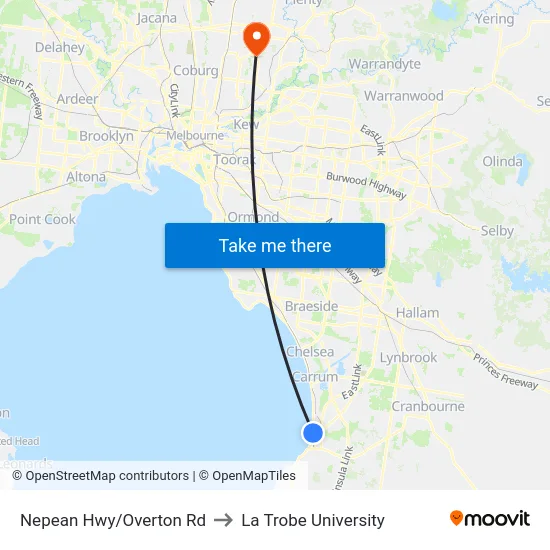 Nepean Hwy/Overton Rd to La Trobe University map