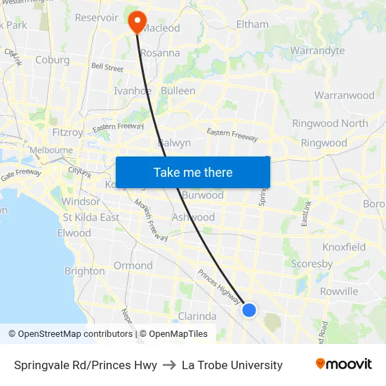 Springvale Rd/Princes Hwy to La Trobe University map