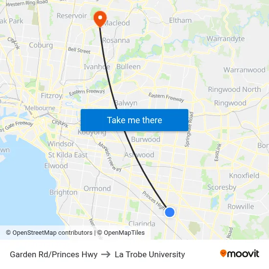 Garden Rd/Princes Hwy to La Trobe University map