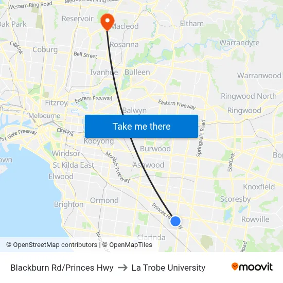 Blackburn Rd/Princes Hwy to La Trobe University map
