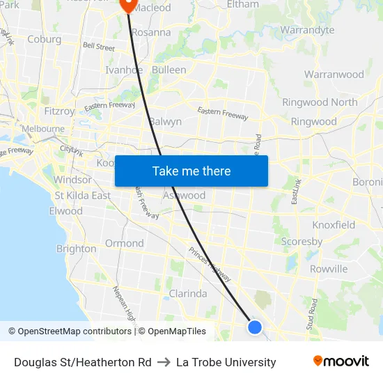 Douglas St/Heatherton Rd to La Trobe University map
