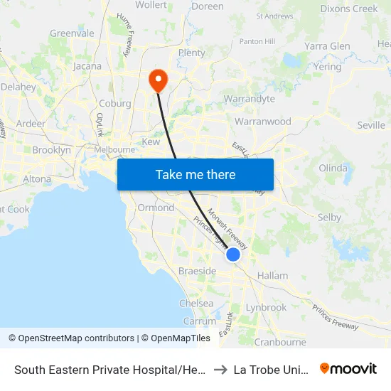 South Eastern Private Hospital/Heatherton Rd to La Trobe University map