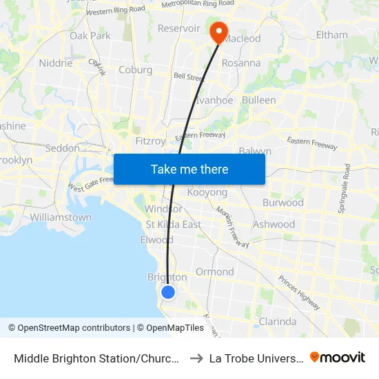 Middle Brighton Station/Church St to La Trobe University map