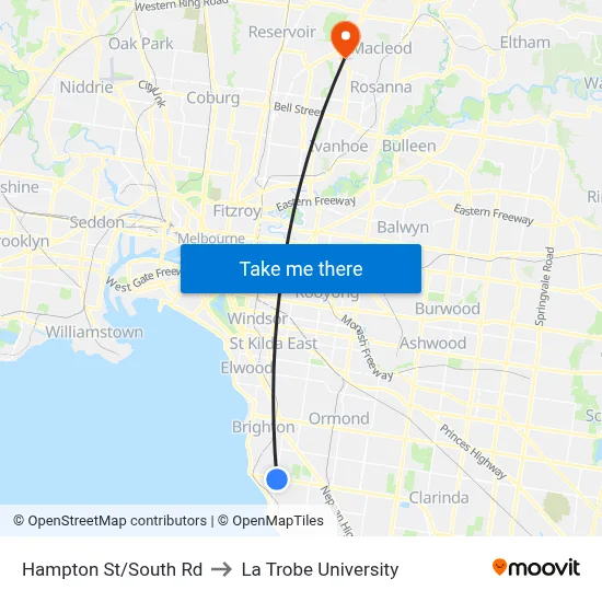 Hampton St/South Rd to La Trobe University map