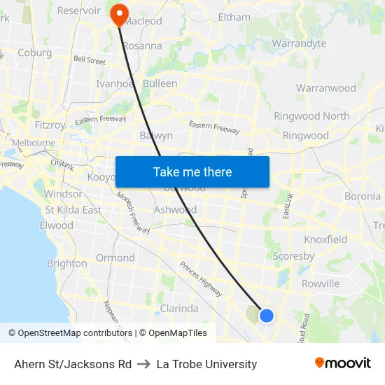 Ahern St/Jacksons Rd to La Trobe University map
