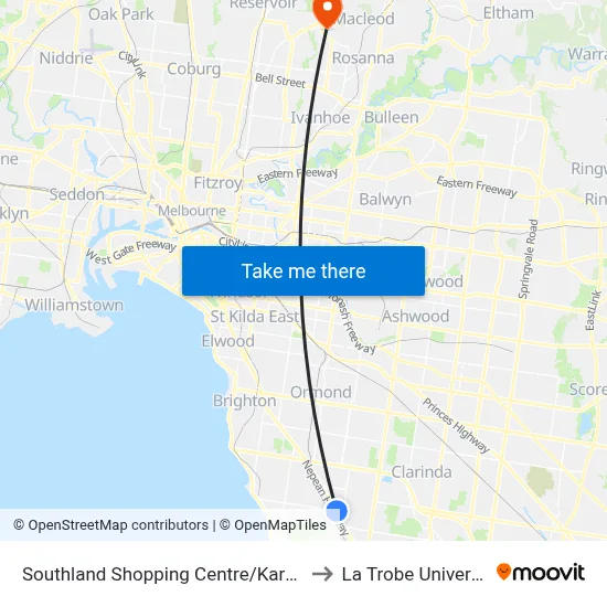 Southland Shopping Centre/Karen St to La Trobe University map