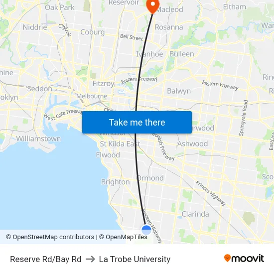 Reserve Rd/Bay Rd to La Trobe University map