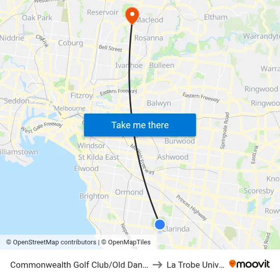 Commonwealth Golf Club/Old Dandenong Rd to La Trobe University map