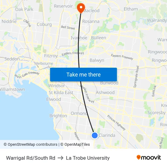 Warrigal Rd/South Rd to La Trobe University map