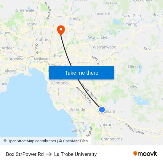 Box St/Power Rd to La Trobe University map