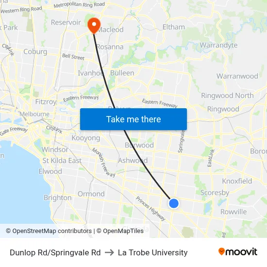 Dunlop Rd/Springvale Rd to La Trobe University map
