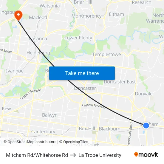 Mitcham Rd/Whitehorse Rd to La Trobe University map