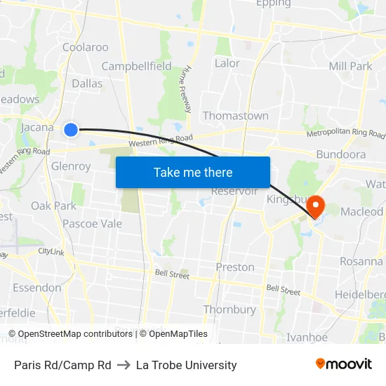 Paris Rd/Camp Rd to La Trobe University map