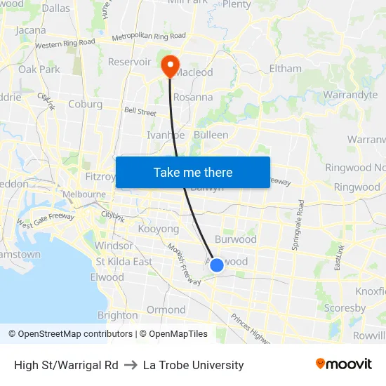 High St/Warrigal Rd to La Trobe University map