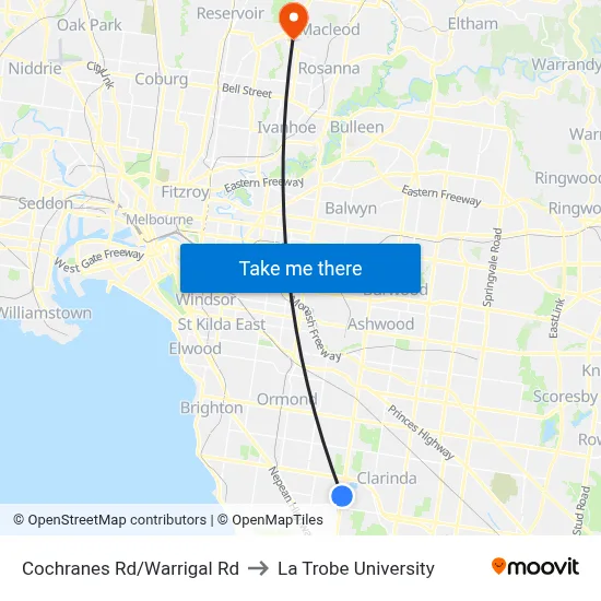 Cochranes Rd/Warrigal Rd to La Trobe University map